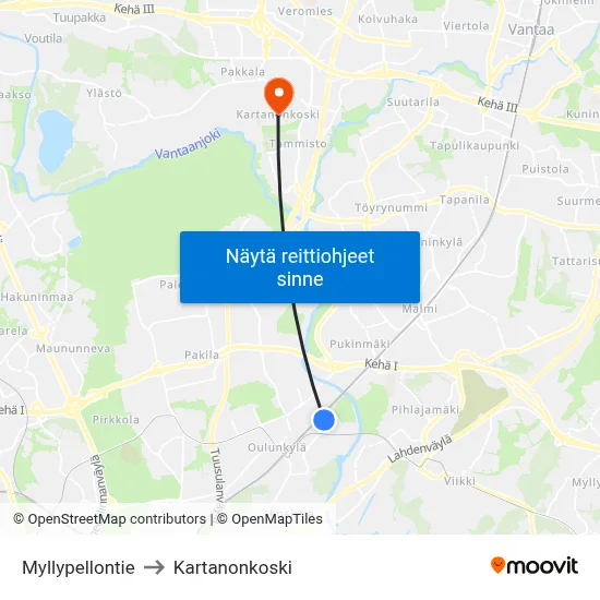 Myllypellontie to Kartanonkoski map