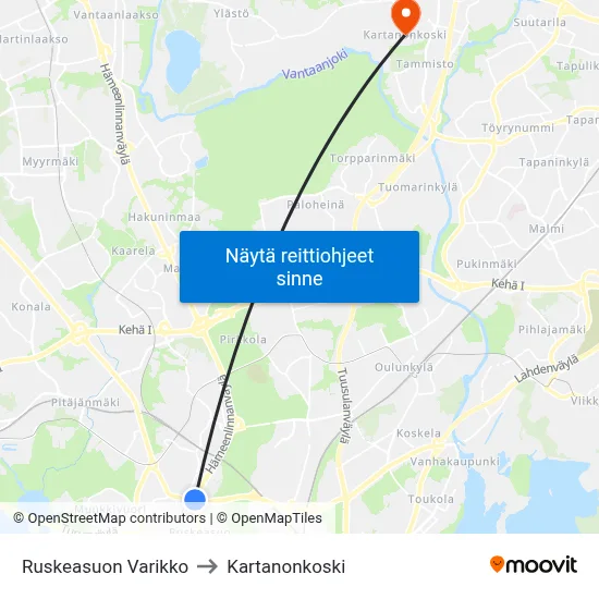 Ruskeasuon Varikko to Kartanonkoski map