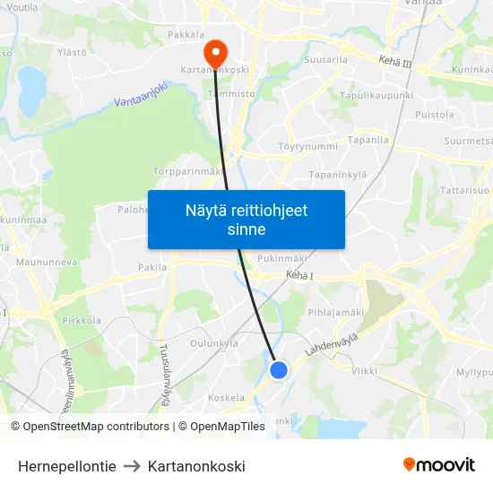 Hernepellontie to Kartanonkoski map