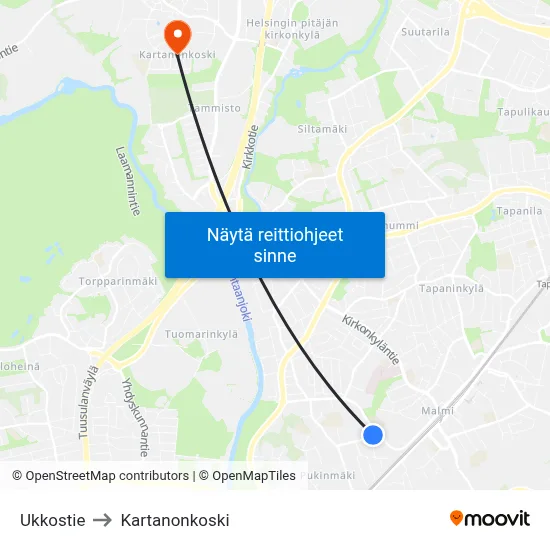 Ukkostie to Kartanonkoski map