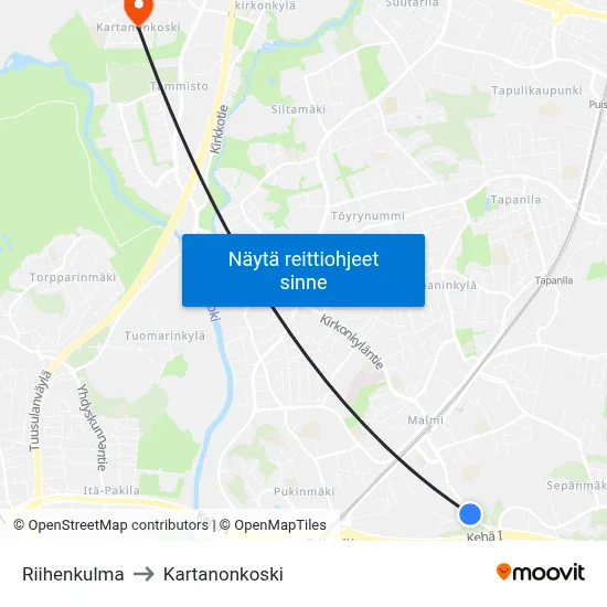 Riihenkulma to Kartanonkoski map
