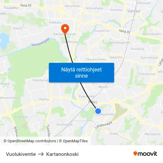 Vuolukiventie to Kartanonkoski map