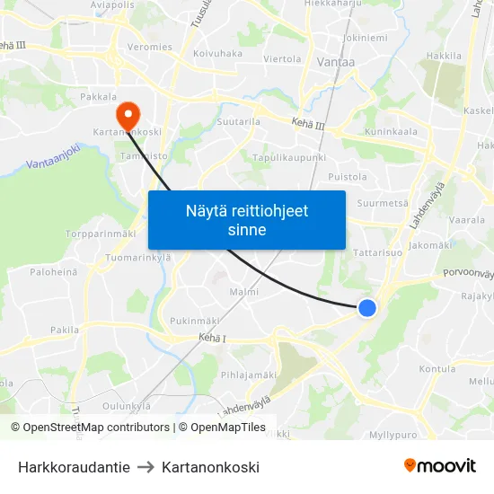 Harkkoraudantie to Kartanonkoski map