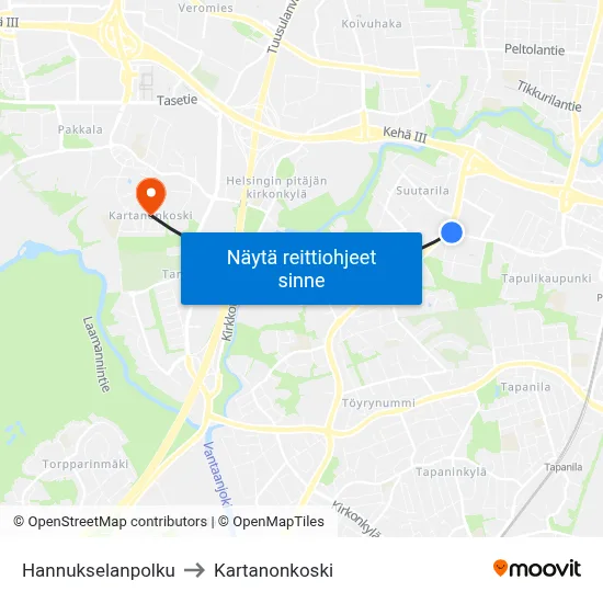 Hannukselanpolku to Kartanonkoski map