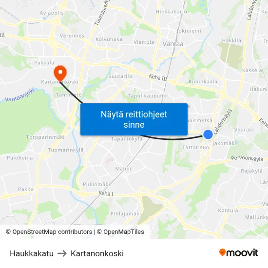Haukkakatu to Kartanonkoski map
