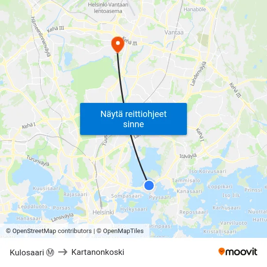 Kulosaari Ⓜ️ to Kartanonkoski map