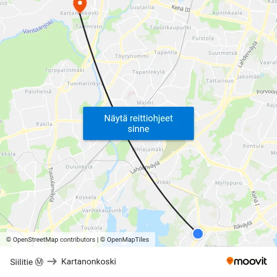 Siilitie Ⓜ️ to Kartanonkoski map