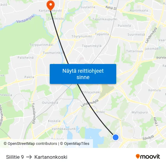 Siilitie 9 to Kartanonkoski map
