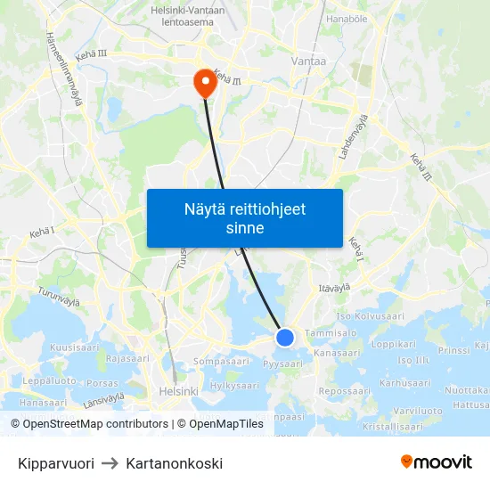 Kipparvuori to Kartanonkoski map
