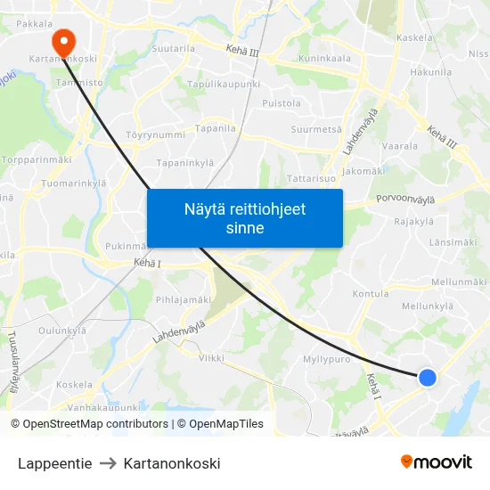 Lappeentie to Kartanonkoski map