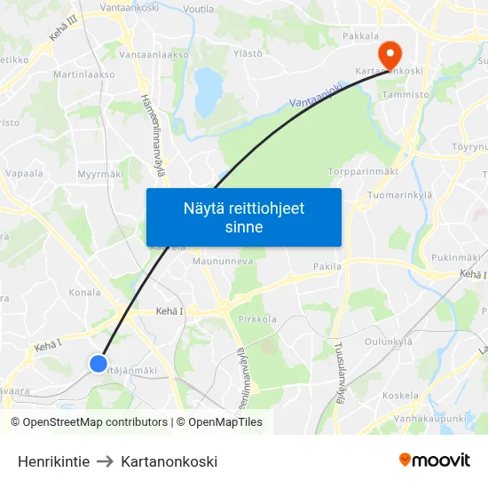 Henrikintie to Kartanonkoski map