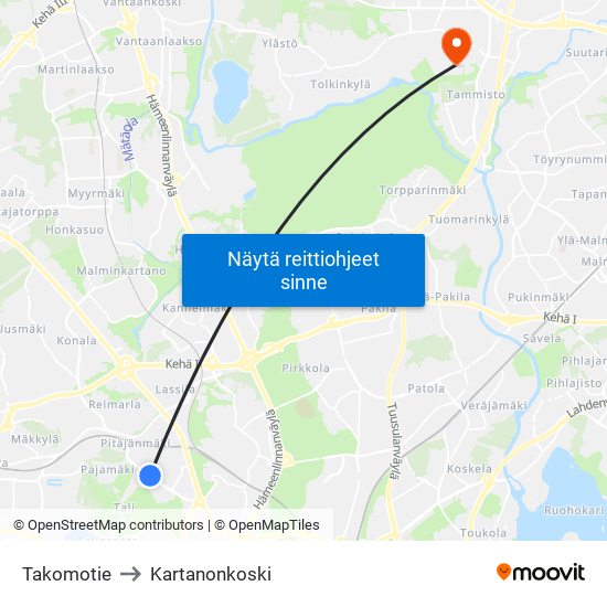 Takomotie to Kartanonkoski map