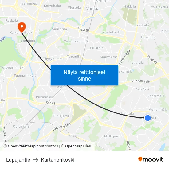 Lupajantie to Kartanonkoski map