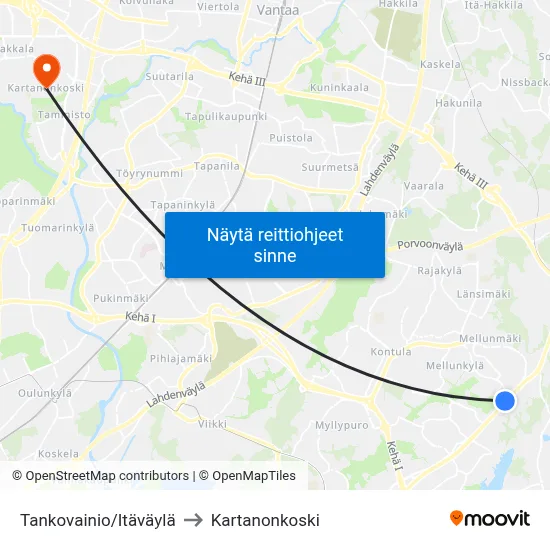 Tankovainio/Itäväylä to Kartanonkoski map