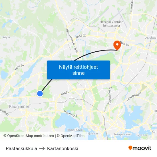Rastaskukkula to Kartanonkoski map