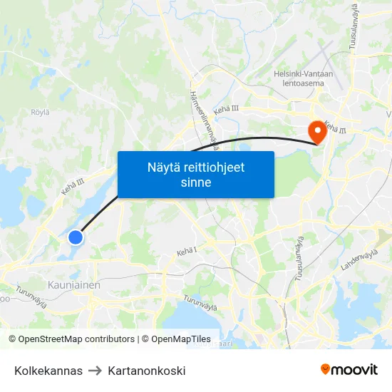 Kolkekannas to Kartanonkoski map