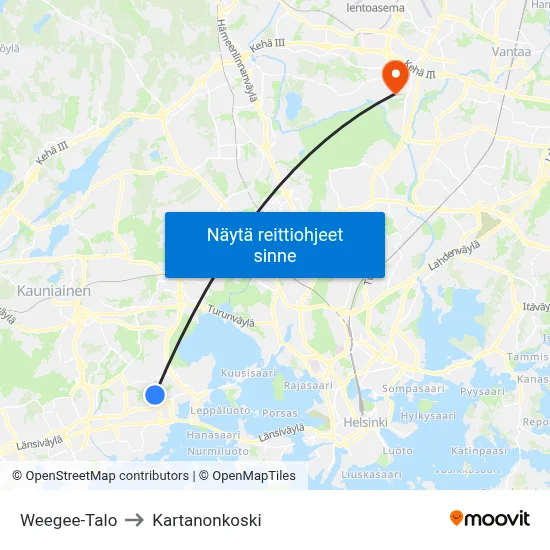 Weegee-Talo to Kartanonkoski map