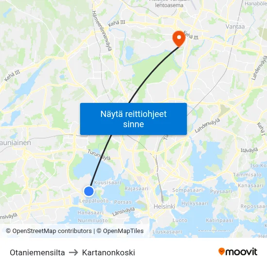 Otaniemensilta to Kartanonkoski map