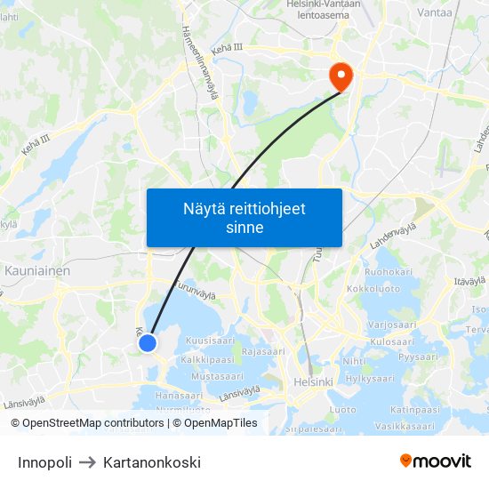 Innopoli to Kartanonkoski map