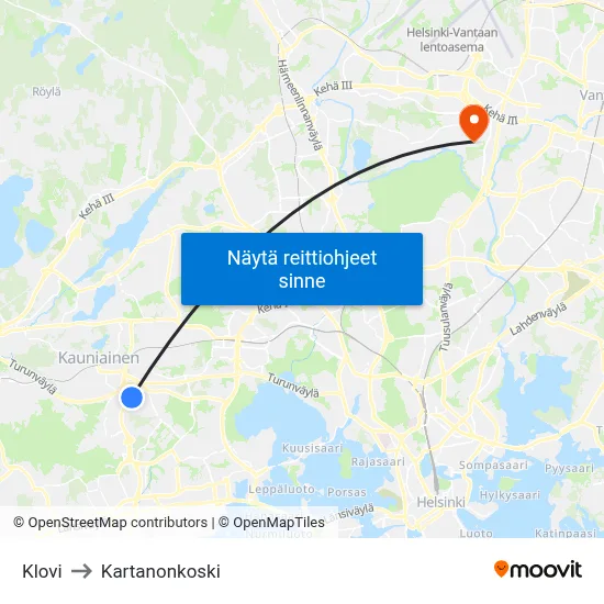 Klovi to Kartanonkoski map