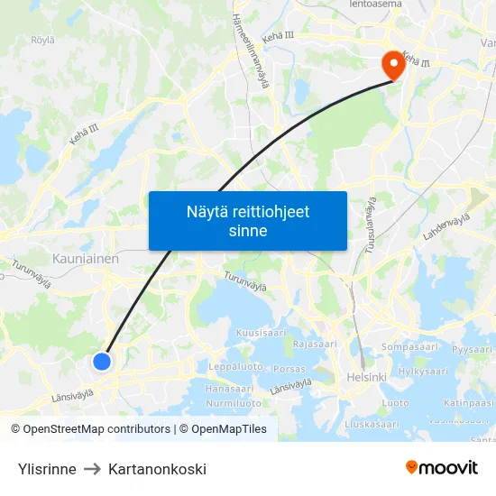 Ylisrinne to Kartanonkoski map