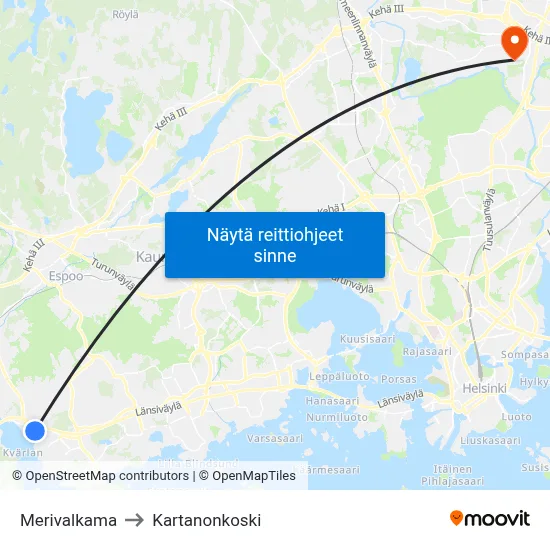 Merivalkama to Kartanonkoski map