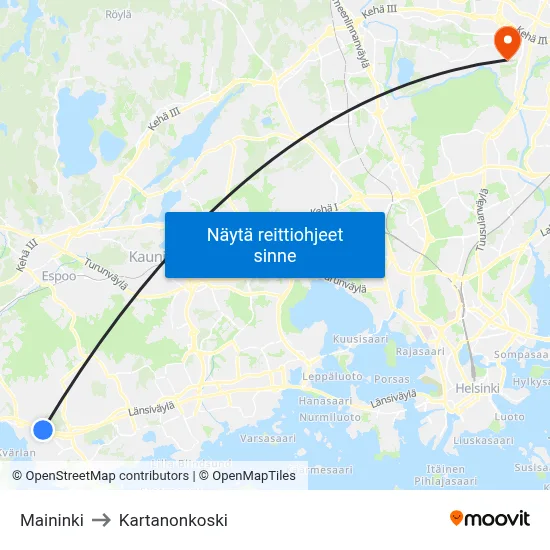 Maininki to Kartanonkoski map