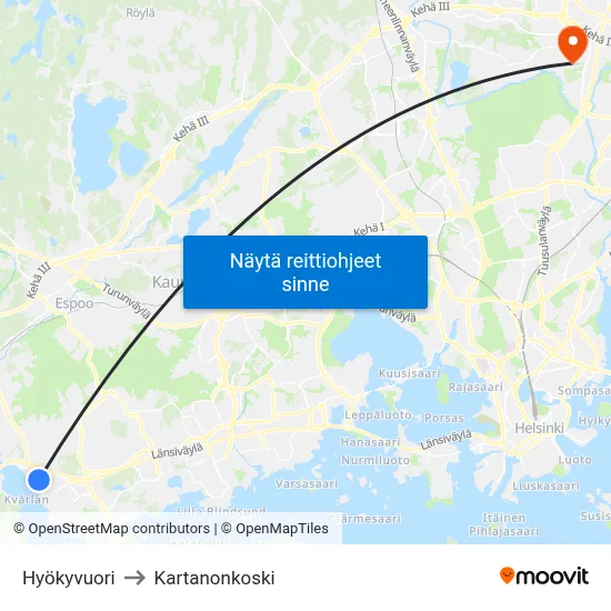 Hyökyvuori to Kartanonkoski map