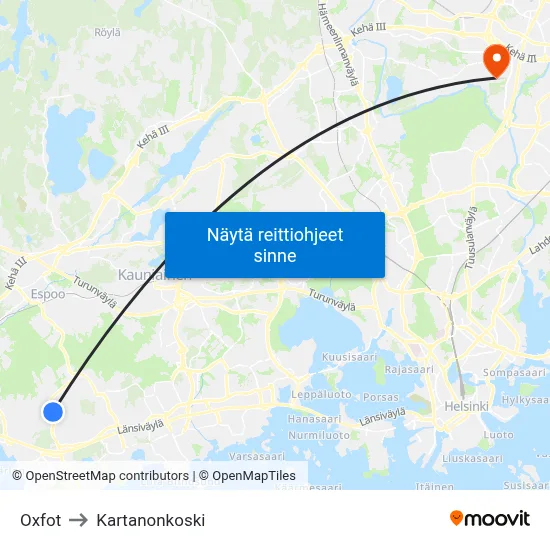Oxfot to Kartanonkoski map