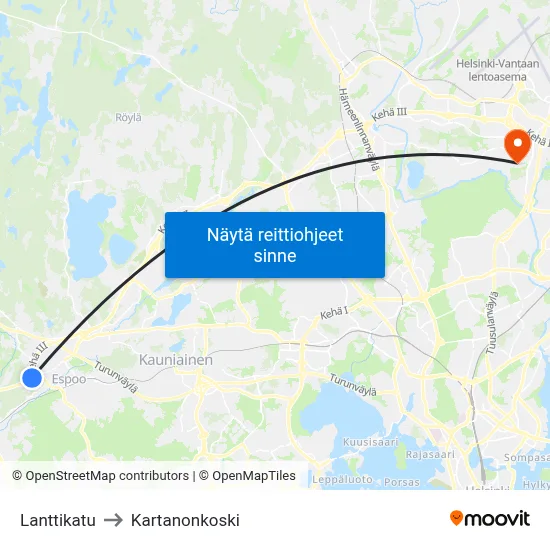 Lanttikatu to Kartanonkoski map