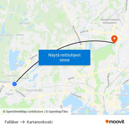 Fallåker to Kartanonkoski map