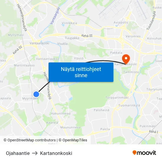 Ojahaantie to Kartanonkoski map