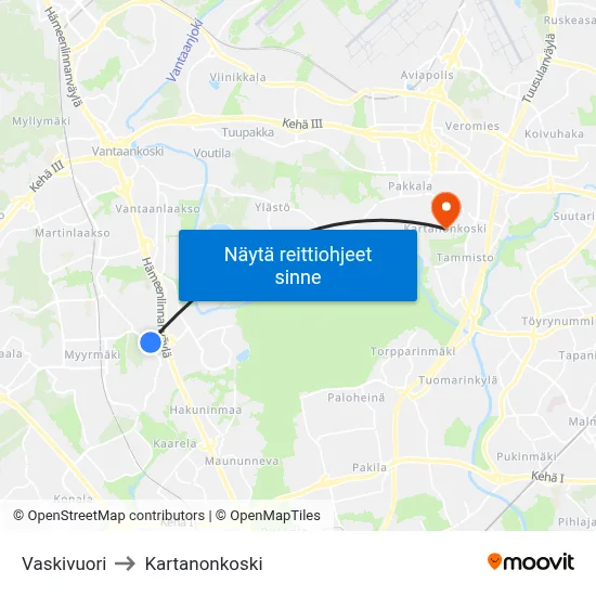 Vaskivuori to Kartanonkoski map