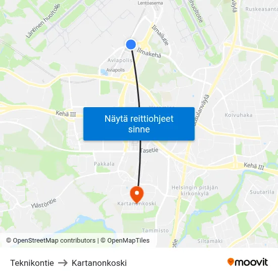 Teknikontie to Kartanonkoski map