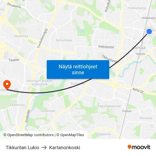 Tikkurilan Lukio to Kartanonkoski map