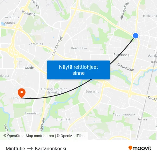 Minttutie to Kartanonkoski map