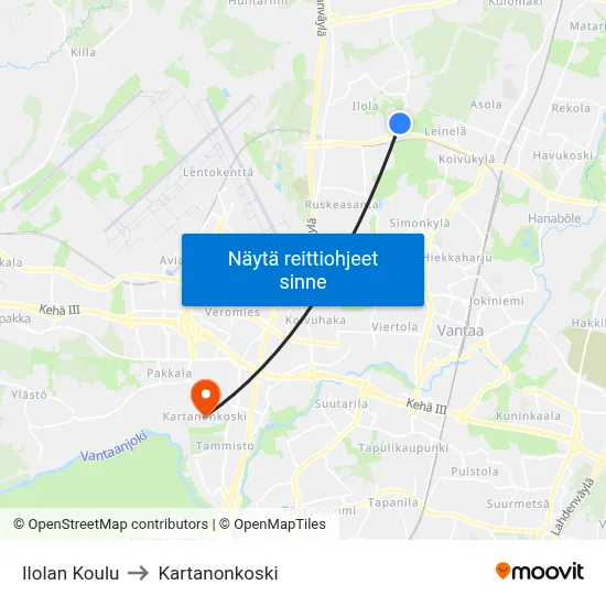 Ilolan Koulu to Kartanonkoski map