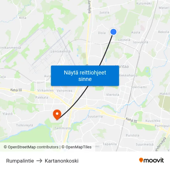 Rumpalintie to Kartanonkoski map