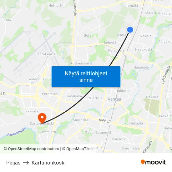 Peijas to Kartanonkoski map