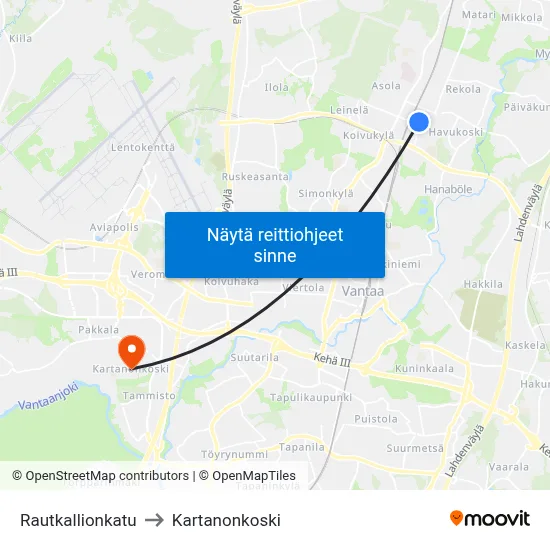 Rautkallionkatu to Kartanonkoski map