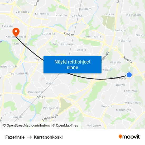 Fazerintie to Kartanonkoski map