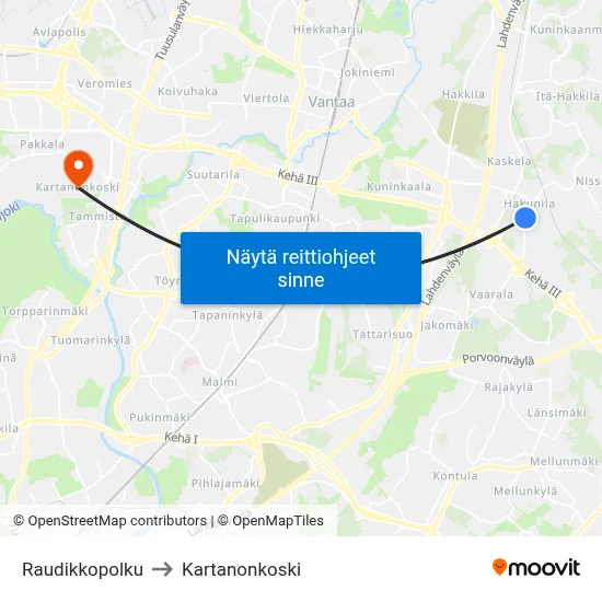 Raudikkopolku to Kartanonkoski map