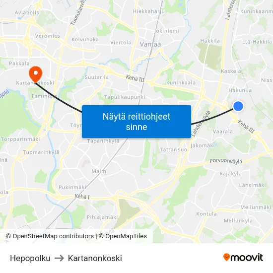 Hepopolku to Kartanonkoski map