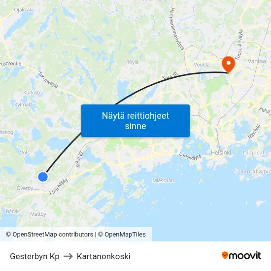 Gesterbyn Kp to Kartanonkoski map