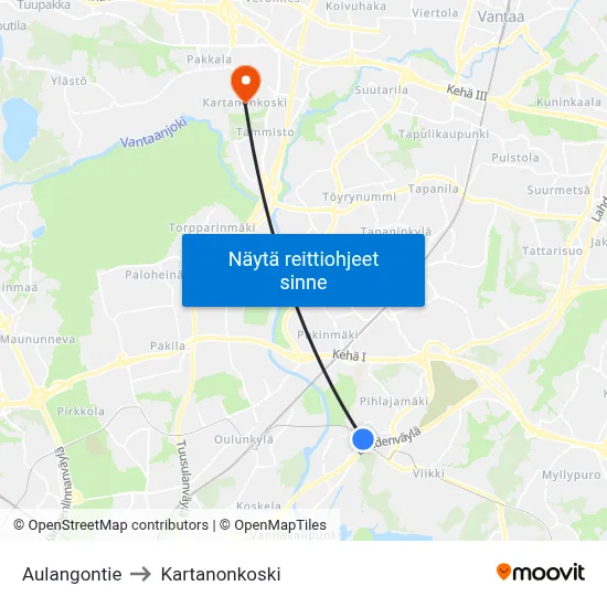 Aulangontie to Kartanonkoski map