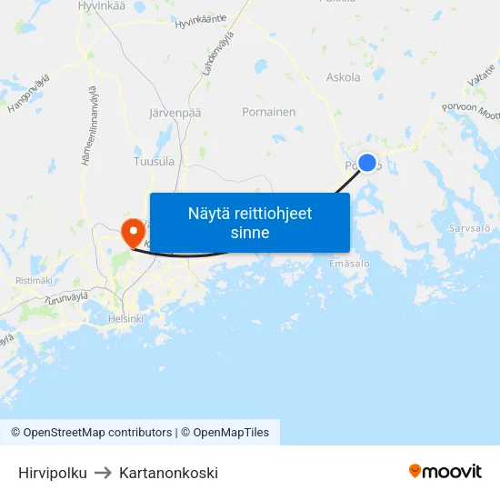 Hirvipolku to Kartanonkoski map