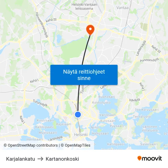 Karjalankatu to Kartanonkoski map