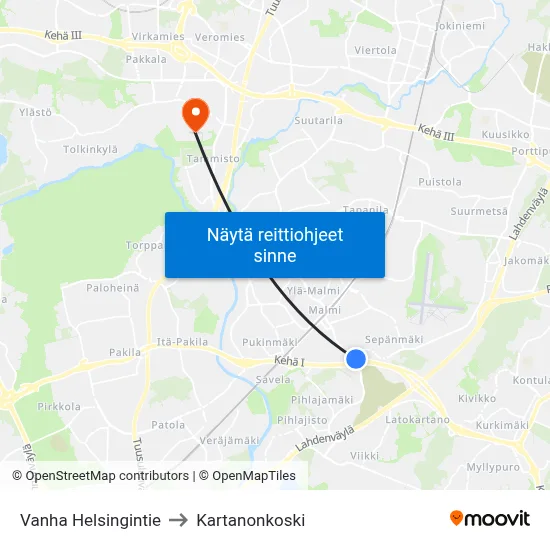 Vanha Helsingintie to Kartanonkoski map