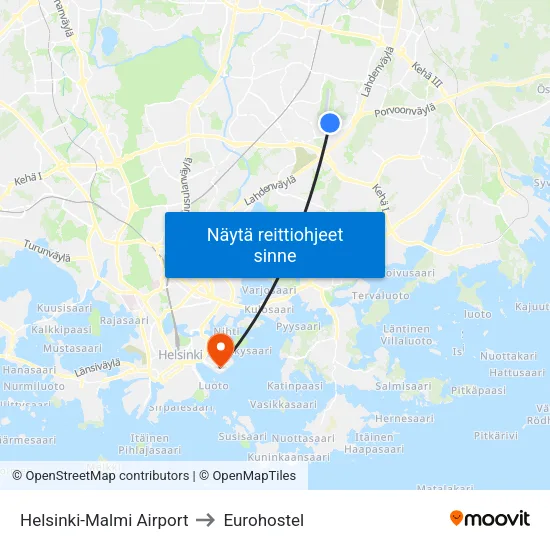 Helsinki-Malmi Airport to Eurohostel map