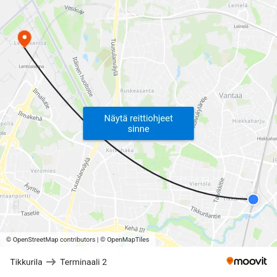 Tikkurila to Terminaali 2 map